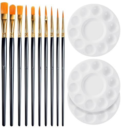 Acryl-Pinsel und 3 runde Farbpaletten, Aquarell-Pinsel, Kunststoff, Schmerzpaletten, Nylon, Haarmalpinsel, Leinwand, Malzubehör, Schwarz, 10 Stück