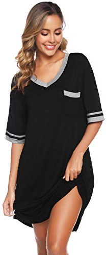 Vlazom Women's Nightgown V Neck Sleep Shirt Oversized Nightdress Short Sleeve Casual Loungewear Sleepwear Black, 3XL
