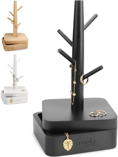 smøla Albero portagioie nero in legno – 4 livelli con scatola – Organizzatore gioielli per collane, orecchini, anelli – decorazione gioielli