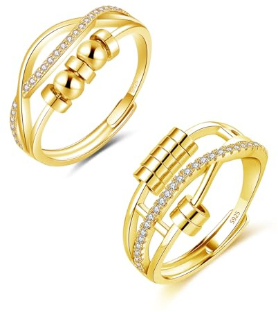 Deyanse Silver Ångestring för kvinnor, 2 stycken 925 sterling silver antistress ringset, ångestringar med pärlor zirkon, öppen justerbar snurra fidgetringar, vridning dekompressionsring för unisex