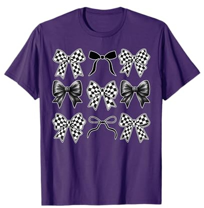 Coquette Bow Checked Flag Racing Car Women Cute T-Shirt