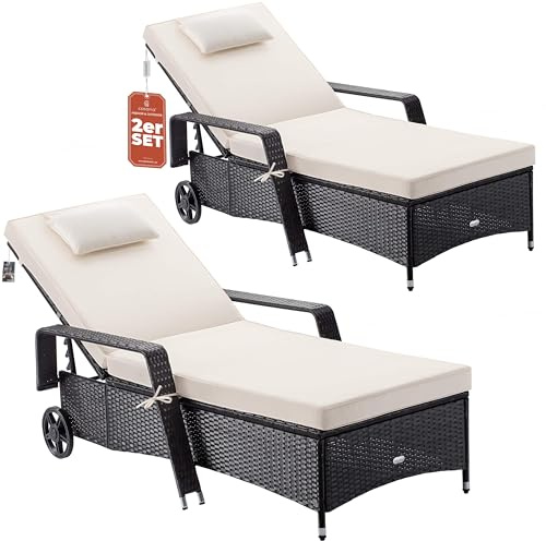 Casaria® Sonnenliege 2er Set mit Rollen 7cm Auflage Extra Breit 90cm Gartenliege Wetterfest 165kg Belastbar Terrasse Balkonmöbel Liegestuhl Schwarz Creme