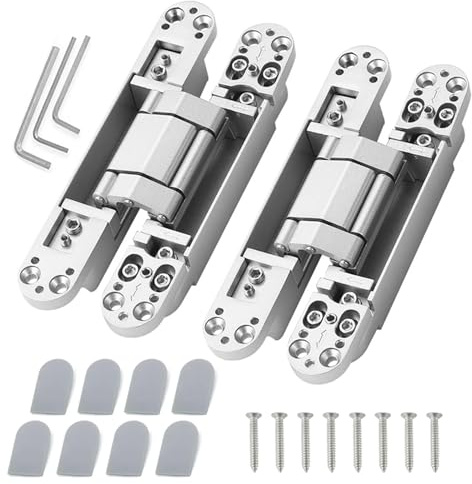 Hidden Door Hinges, 2 Pack Invisible Flush Cupboard Hinges, 180 Degrees Adjustable Zinc Alloy Cross Butt Concealed Hinge, with Hex Wrench Screws, for Wooden and Folding Doors (Silver)