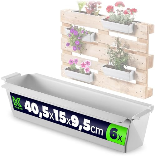 KADAX Växtlåda, set med 6 för pallar med hängsystem, 37 x 9 cm vit, för plantering och dekoration som balkonglåda, blomlåda för europeiska pallar, blomkruksinsats och ytterkruka i palettträdgårdar