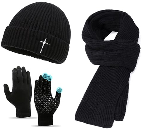 Fjquamitix Set di 3 berretti invernali, sciarpa e guanti touchscreen, super morbidi, foderati in pile, guanti termici lavorati a maglia, sciarpa lunga, per uomini e donne, sport all'aria aperta