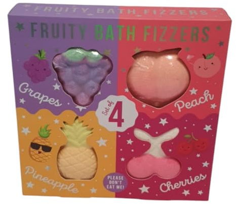 Fruity Bath Fizzers Set of 4 Grapes Peach Pineapple Cherries Shaped Bath Bombs Fun Relaxing Bath Soak Gift Set for Kids Teens Women Aromatherapy Spa Essentials