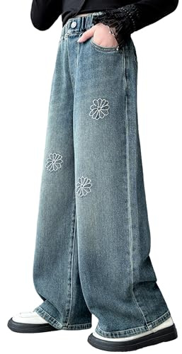 Rolanko Jean Baggy pour Filles, Taille Haute Élastique et Jambes Larges Pantalon en Denim de Bootcut Ample pour Enfants 6 à 15 Ans, Broderie Florale, 13-15 Ans, 170