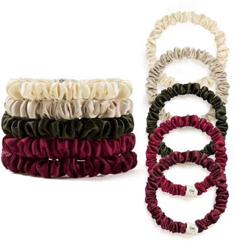 LILYSILK 100% Pure Silk Thin Hair Scrunchies Ponytail Ties Elastic For Women Soft Mulberry Silk Hair Care for Frizz Prevention Pack of 5, Cherry+Wine Red+Moss Green+Lily White+Gravel Gold