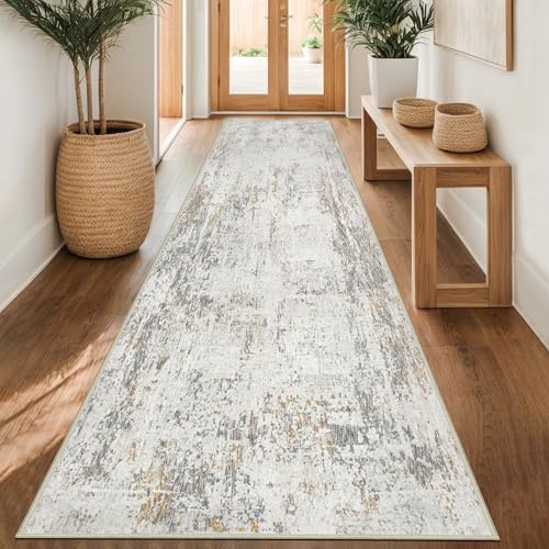 Capslpad Teppich Läufer Flur 80x400cm Beige Abstrakter Waschbar rutschfest Küchenläufer Teppich Modern Minimalistisch Kurzflor Kunstwolle Teppiche für Wohnzimmer Schlafzimmer