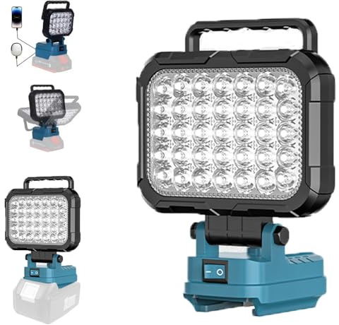 Akku Lampe für Makita 18V Akku, 4800LM Kabellose Led Arbeitsleuchte mit 2 USB-Aufladung und Haken, Tragbares Flutlichter Baustellen Lampe für Camping, Angeln, Autoreparatur, Heimbeleuchtung, Ohne Akku