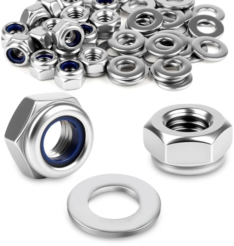 qjuwhua 60 tuercas autoblocantes M6 DIN985 con 60 arandelas DIN 125 tuercas M6 de acero inoxidable para máquinas, vehículos, muebles en interiores y exteriores