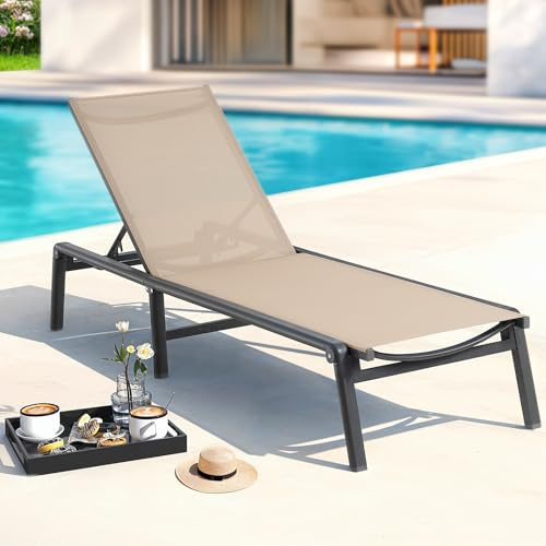 DriveMo Aluminium Sonnenliege klappbar, Gartenliege wetterfest mit 5-Fach Verstellbarer Rückenlehne, leichte Strandliege bis 180kg belastbar, Textilene Poolliege ohne Montage, Grau, 1er-Set