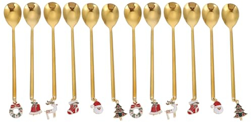 Angoily Lot de 2 Cuillères à Café en Acier Inoxydable Doré Pendentifs Noël Cuillères à Mélanger et Coffret Présent de Noël pour Boissons Chaudes et Glacées Usage Maison et Café 12 Cm