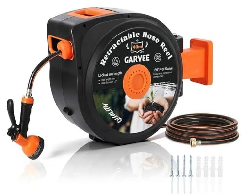 Garvee Enrouleur de tuyau d’arrosage fresque 40m – Tuyau rétractable 1/2'' 10 modes de jet, rotation 180°, verrouillage auto, antigel, kit fixation, buse – EU Standard Star Power Integrated
