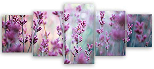 ge Bildet Bild auf Leinwand | Lavendelblüten Feld - Blumen Violett Lavendel Natur in 200x80 cm mehrteilig als Wandbild XXL | Wand-deko Dekoration Wohnung modern Bilder | 2207