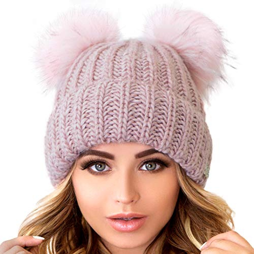 Braxton Beanie Damen - 2 Pom Ears Zopfmuster Winter Warm Fleece Mütze - Wolle Schnee Outdoor Skimütze