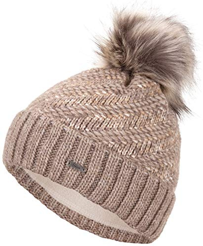 Faera Wintermütze Mütze Damen warm gefüttert mit Kunstfell Bommel Bommelmütze Fleecefutter Winter Strickmütze Beanie Mädchen 42
