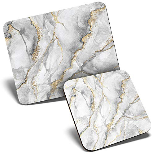 Mouse Mat & Coaster Set - Grey White Gold Marble Effect Pattern 23.5 x 19.6 cm & 9 x 9 cm for Computer & Laptop, Office, Gift, Non-slip Base #24432