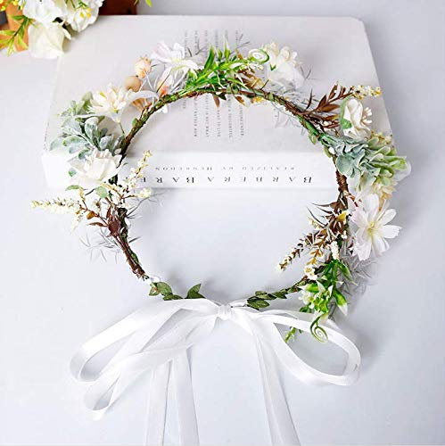 Damen Blumenstirnband,Hochzeit Haarkranz,Blumenkrone Blumenkranz für Muttertag Hochzeit Party Strand (Weiß)