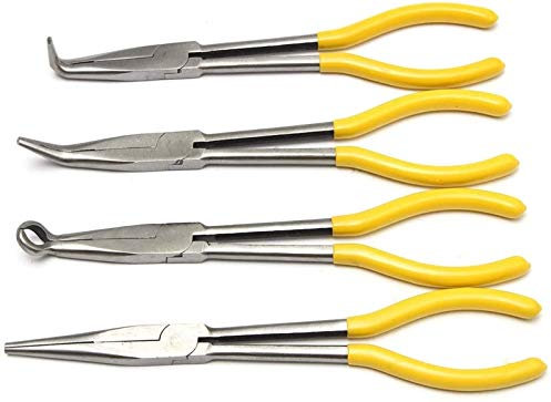 Auoeer Tools 11 Inch Extra Long Nose Pliers Straight Bent Mechanic Equipment Hand Tool Set 4Pcs Pincers Tool Pincers
