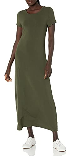 Amazon Essentials Vestido largo de manga corta para mujer, color oliva oscuro, talla L