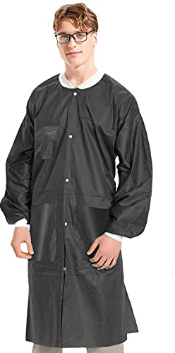 Medical Nation 10 Pack Disposable Lab Coats - Durable 50g SMS Knee Length Reusable Lab Coat with Knit Cuffs and Pockets, Unisex | for Dental, Hospitals, Pharmacies, Labs, Clinics - Black, Extra Large