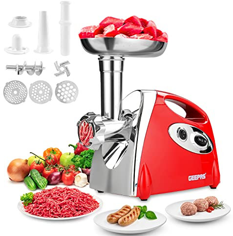 Geepas Electric Meat Grinder 1800W – Stainless Steel Meat Mincer & Sausage Stuffer, Food Grinding Mincing Machine with Kibbe Attachment – 3 Different Cutting Plates, Reverse Function, Plastic Housing