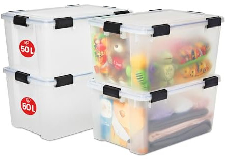 Iris Ohyama, Boite Rangement Hermétique, 50L, Lot de 4, Transparent, Couvercle avec Joint Etanche, 6 Clips de Fermeture, Empilable, pour Exterieur, Garage, Vetement, Anti Poussiere, Sans BPA, AT-L