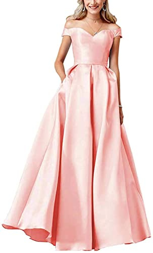 SAYNO Robe de bal pour femme avec épaules dénudées - Robe de soirée longue en satin avec poche, rose poudré, 48