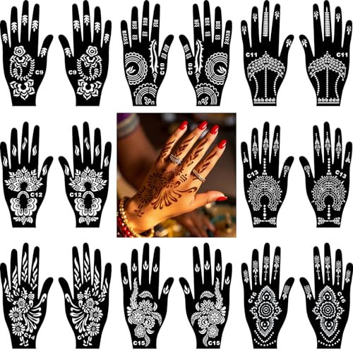 Lot de 16 pochoirs indiens au henné pour femmes - Pour la peinture des doigts, des mains, du corps, des tatouages temporaires à air - Pour filles