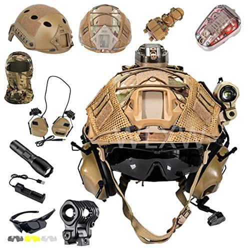 WLXW Casco Militar Rápido con Auriculares Tácticos, Gafas, Luz De Casco, Bolsa De Batería, Máscara, Linterna, para Airsoft Outdoor Paintball Protection Hunting,Tan