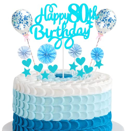 Cnrose Tortendeko für 80. Geburtstag - Hello 80 Cake Topper Blau mit Herz, Stern, Ballon - Kuchendeko Happy 80th Birthday für Mann und Frau