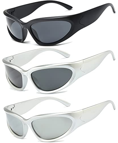 Long Keeper 3 Paar Futuristisch Vintage Sonnenbrille für Herren Damen Y2k Retro Sonnenbrille Wrap Around UV400 Radsportbrillen Fahrradbrille Sportbrille