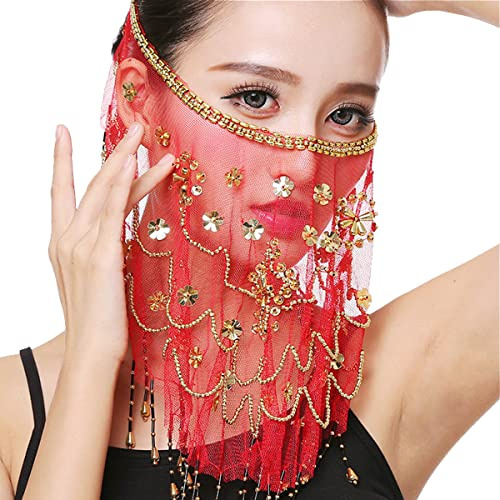 SamHeng Veille de visage de danse du ventre, Veille de visage en mousseline avec des perles de paillettes pour les costumes de danse du ventre performance accessoire de costumes d'Halloween