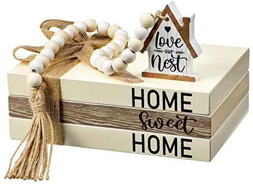 Tatuo 4 Pcs Wooden Farmhouse Decorative Books for Home Decor Coffee Table Faux Books for Decoration White Fake Decorative Home Sweet Stacked Display Set with Beads Garland Shelf Living Room Decor