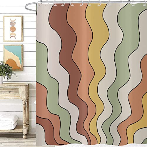 Hnmdmyi Duschvorhang Retro Vintage Groovy 90x180, Ästhetisch Bunt Orange Gelb Grün Hippie Trippy Mid Century Abstrakte Kunst Badewanne Vorhang Wasserdicht Polyester Stoff Waschbar Badevorhang