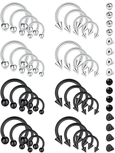 Rajnard Nasenring Piercing und Ersatz Kugel Set Silber Schwarz 16G Chirurgenstahl Hufeisen Septum Lippe Helix Knorpel Tragus Daith Rook Ohrringe 6 8 10 12mm für Frauen und Männer