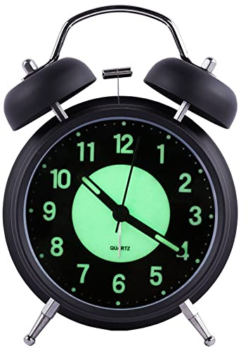 Vihimi 4 Analog Luminous Alarm Clock Twin Bell Silent Non-Ticking Quartz Battery Operated Loud with Backlight for Bedside Table Vintage Retro Style, Decorative Desk Clock