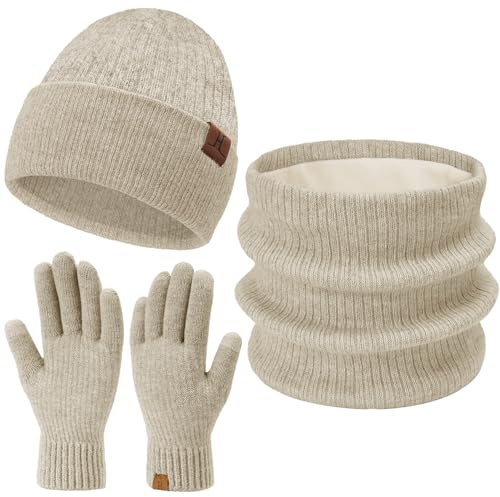 Femmes Hiver Chaud Bonnet Echarpe Thermique Gants Tactiles Ensemble Tricot Slouchy Cache-Cou Cadeau Femme