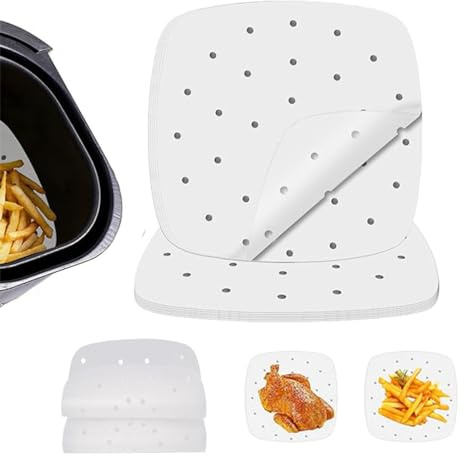 ZKSXOA 100 Feuilles Papier, Carré, Perforé Papier Cuisson Air Fryer, Jetable Revêtements pour Grill, Cuisson, Vapeur, Friteuse, 8Inch