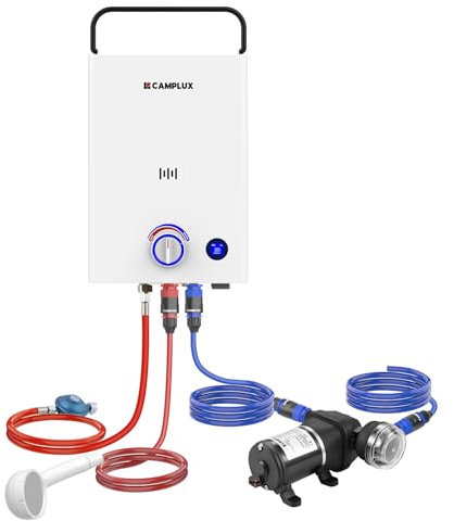 CAMPLUX First 10 Lt Scaldabagno a Gas con Pompa dell'acqua, GPL, 50mbar, per Doccia Esterna, Campeggio, F10 Pro-DE