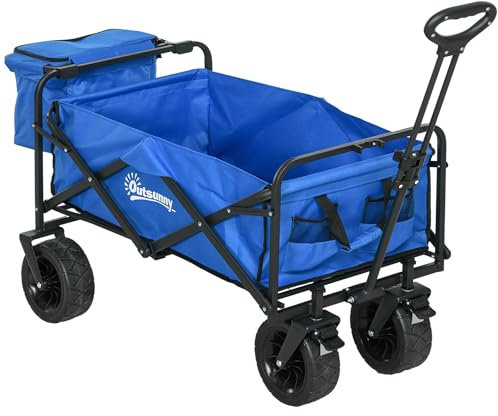 Outsunny Carello Spiaggia Pieghevole 110L con Maniglia Telescopica e Borsa Termica da 15L, Carrello da Giardino in Acciaio e Tessuto Oxford, Blu