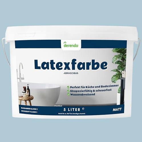 derendo Latexfarbe blau nebelblau matt abwaschbar 5 Liter für Innen Küche Badezimmer streichen blaue Wandfarbe hohe Deckkraft 5l