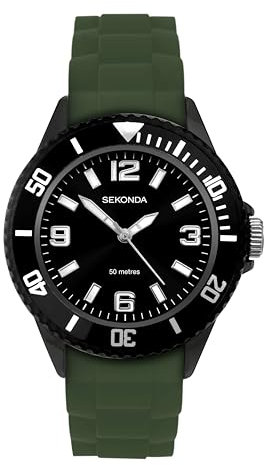 Sekonda Dive Men's 38mm Quartz Watch in Black with Analogue Display and Green Silicone Strap 30189