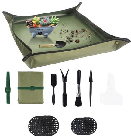 Sukkulenten-Werkzeug-Set, Pflanzen-Umtopfmatte, wasserdichte Pflanzmatte für Zimmerpflanzen, Gartenwerkzeug-Set für drinnen und draußen, Dunkelgrün, 21-teilig