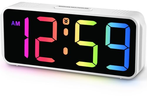 Peakeep Small Digital Alarm Clock Plug in for Kids Bedroom Bedside Nightstand, 8 RGB Colors Large Display Dimmable 6 Brightness, Corded Electric Battery Backup (White - RGB)