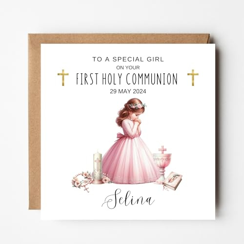 First Holy Communion Card, Personalised 1st Holy Communion Card for Girls, Customise with Name and Date for a special Communion Gift to Celebrate a Religous Milestone Girl Pink #2