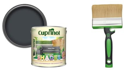 Cuprinol 5159075 GSUS25L Garden Shades Urban Slate 2.5 litre & Fit for The Job 4 inch Large Capacity Shed and Fence Block Brush for Rapid Painting of Sheds & Fence