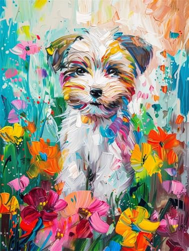 Hund Malen Nach Zahlen Erwachsene, Blumen Malen Nach Zahlen Kinder Klein 20x30cm, DIY Set Erwachsene Handgemalt Leinwand Ölgemälde, Acrylfarben mit 3 Set Pinseln, Zimmer Deko Aesthetic Geschenke -Y2