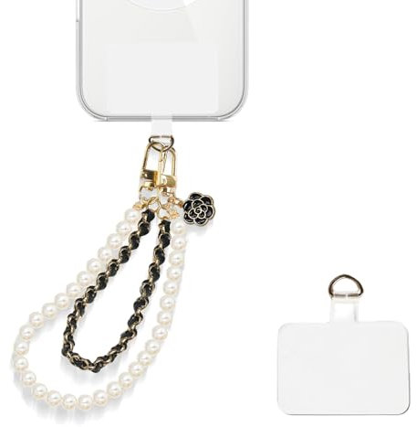 Mezrkuwr Handy-Armband, weiße Perlen, Leder, Doppelkette, Handy-Charm, freihändiges Armband, Handy-Kette Abnehmbares Handy-Lanyard Schlüsselband für Damen (Schwarz)